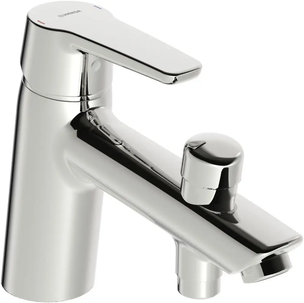 Einhebelmischer mit chromfarbener Oberfläche und zwei Steuergriffen, geeignet für Waschbecken oder Dusche, hergestellt von HANSA.